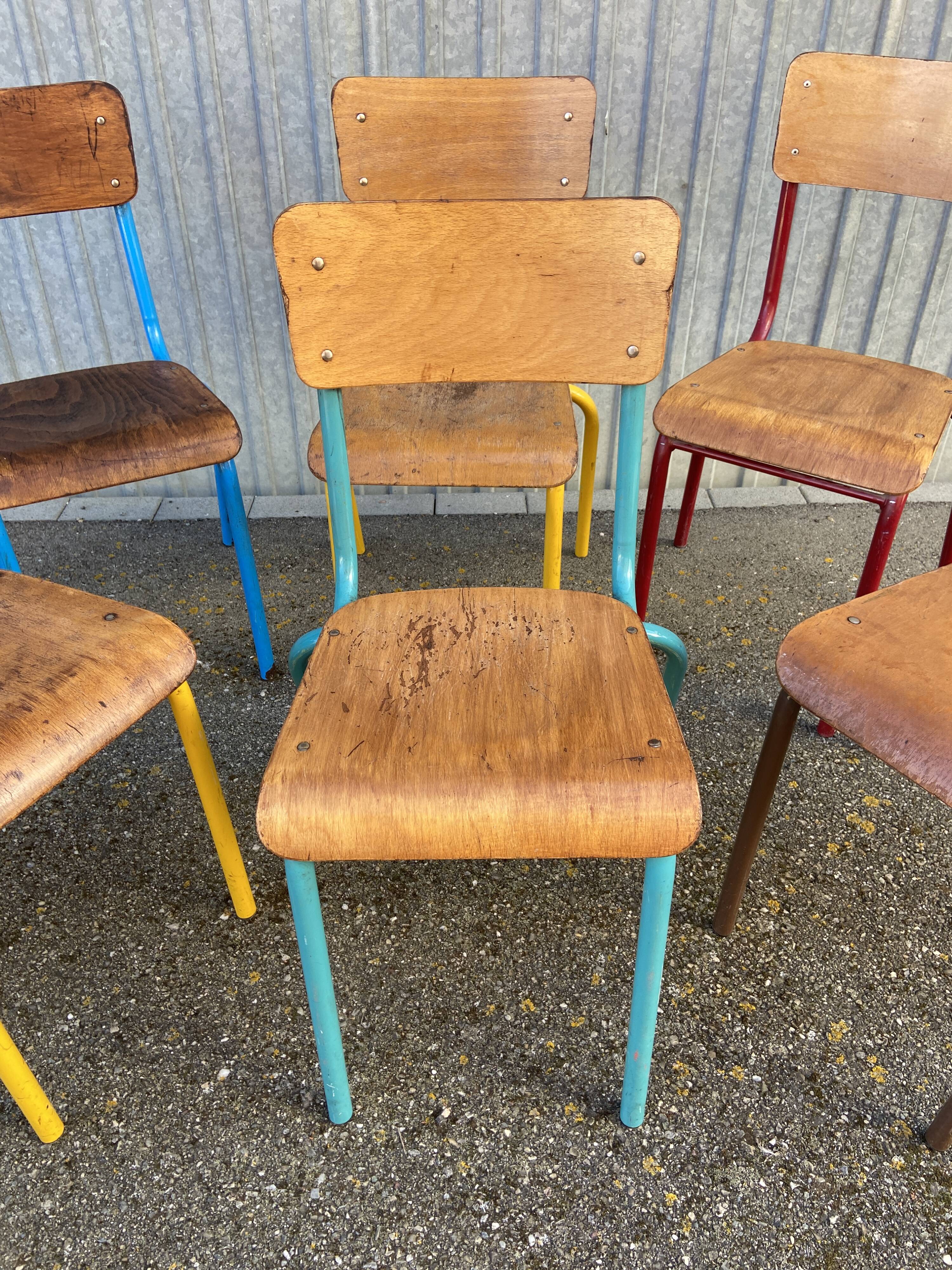 Set of 6 mismatched school chairs multicolor industrial vintage school community mullca dela