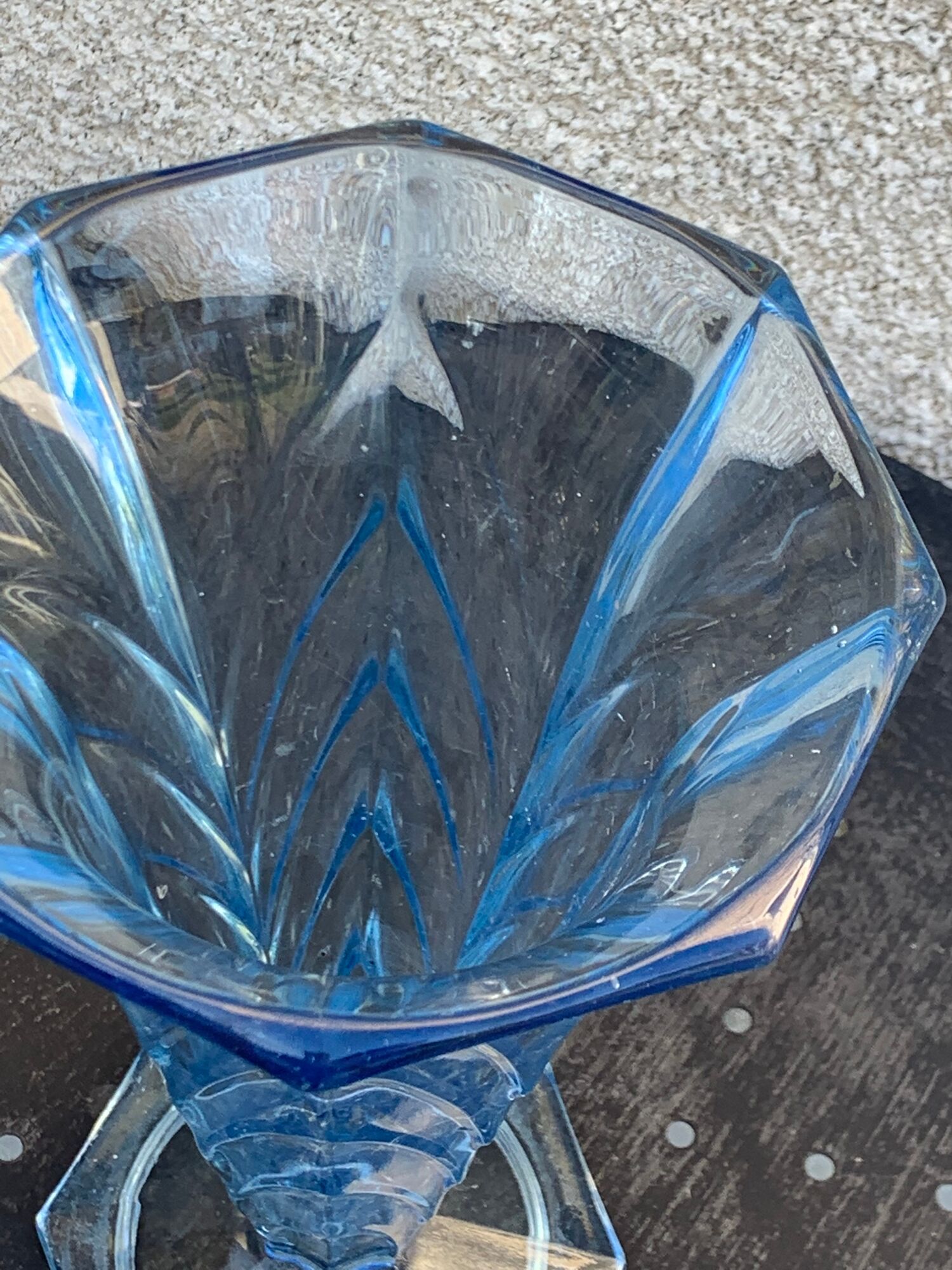 Blue molded glass vase in art deco relief