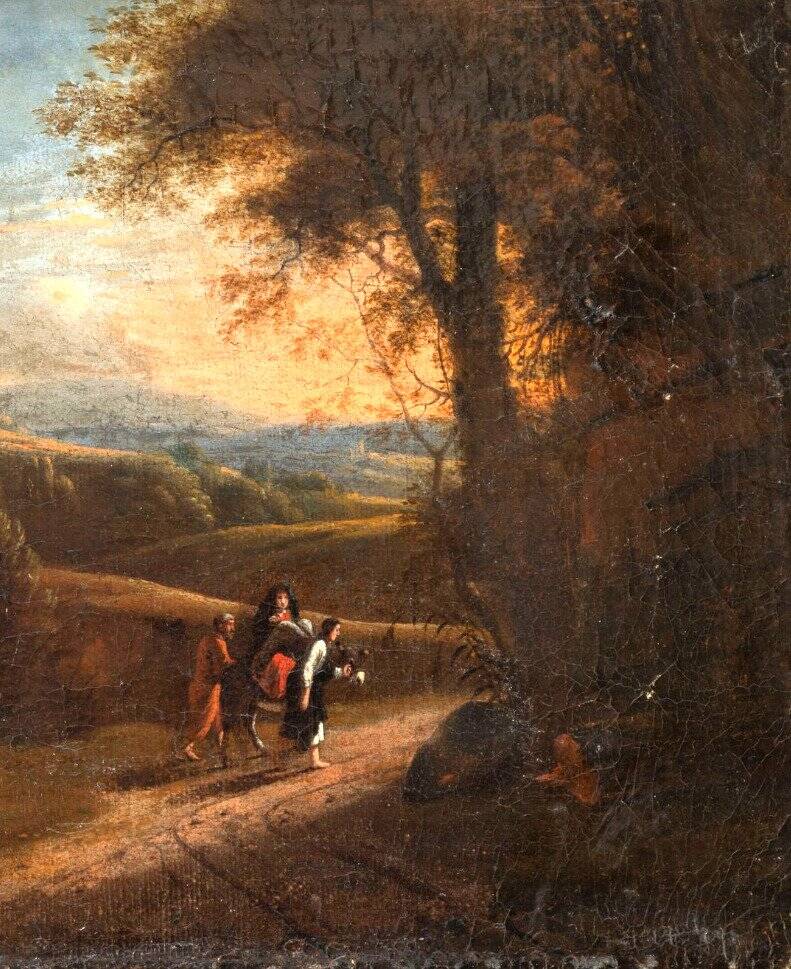 HST "The flight into Egypt, landscape at setting sun" by Hermann van Swanevelt (1600-1655)