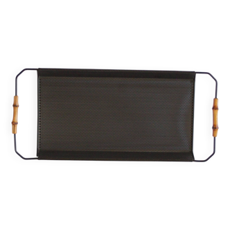 Perforated metal serving tray with bamboo handles, 1950s.