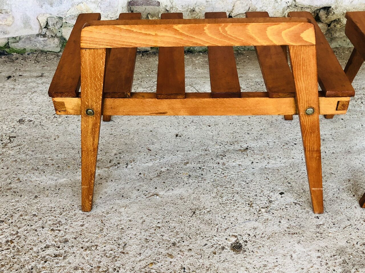 Pair of slatted side tables, Scandinavian style, 60s