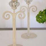 Set of 2 candle holders flower painted metal and glass