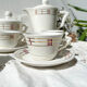 Vintage tea set in white porcelain with stripes, Moulin des Loups orcerame model "Richelieu"