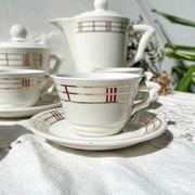 Vintage tea set in white porcelain with stripes, Moulin des Loups orcerame model "Richelieu"