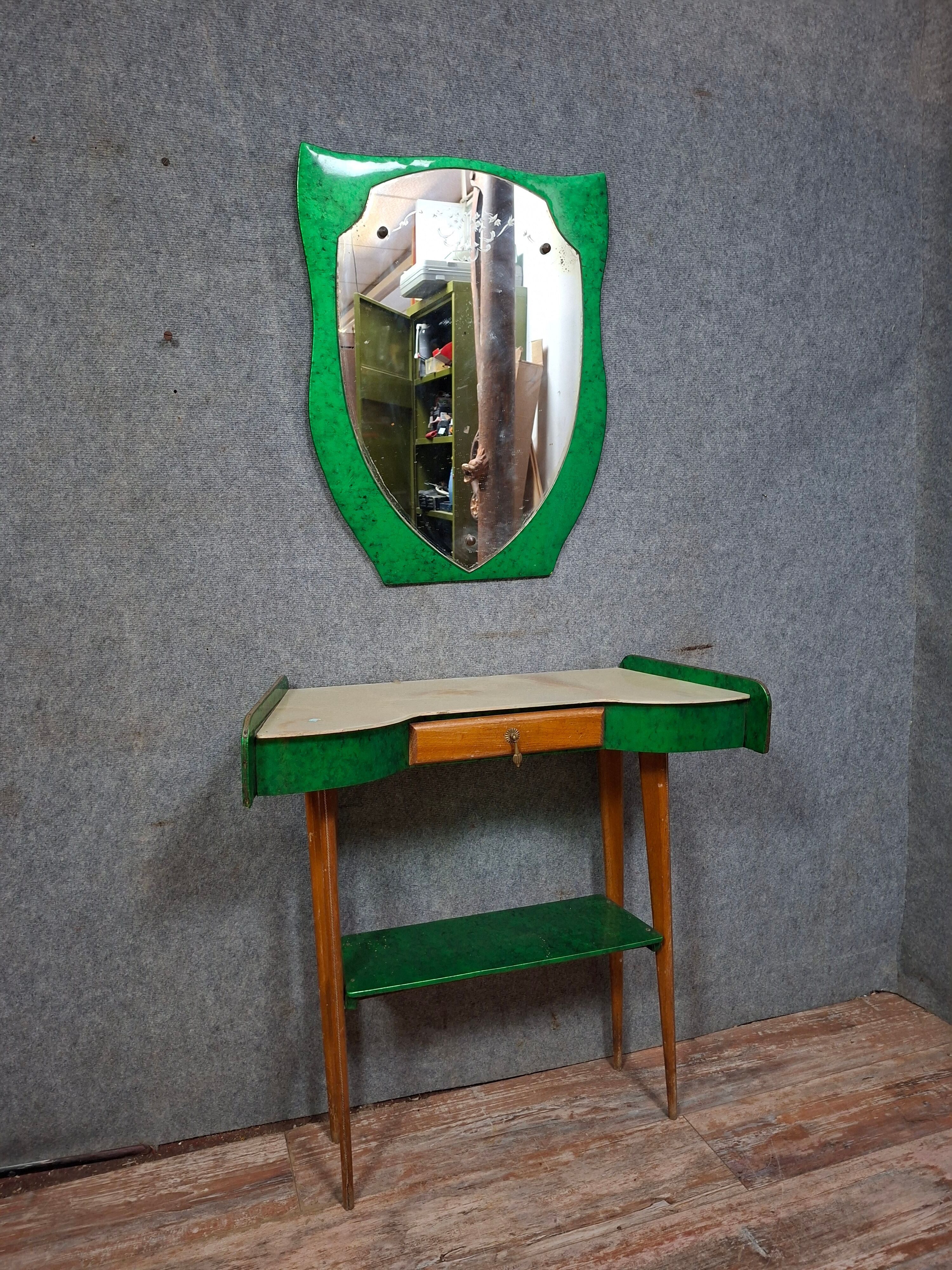 Art Deco console and mirror in green lacquered wood – Circa 1930