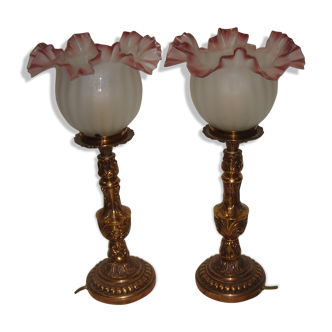 Pair of bronze and opaline lamps