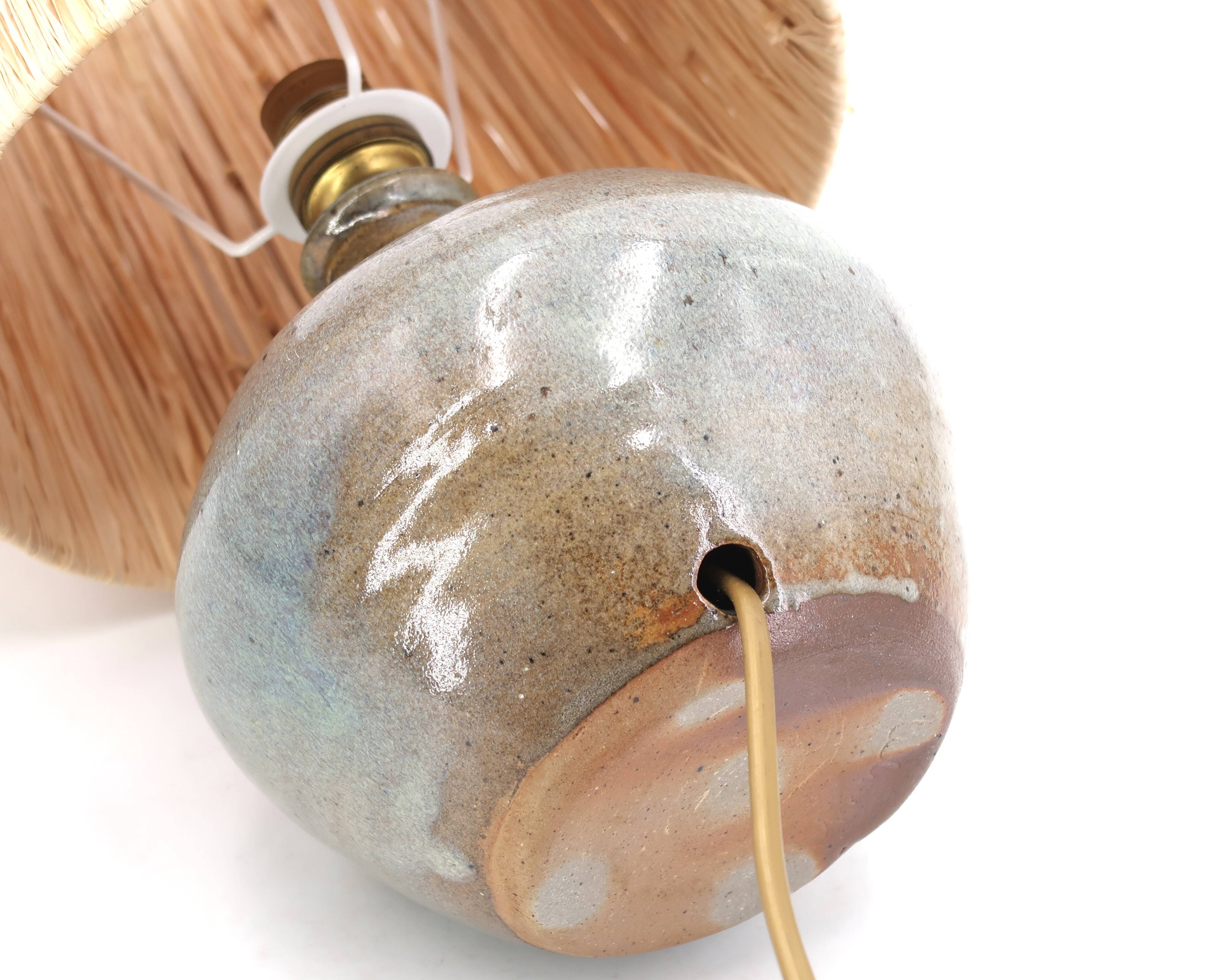 Grey-blue ceramic lamp, raffia lampshade, 1960s