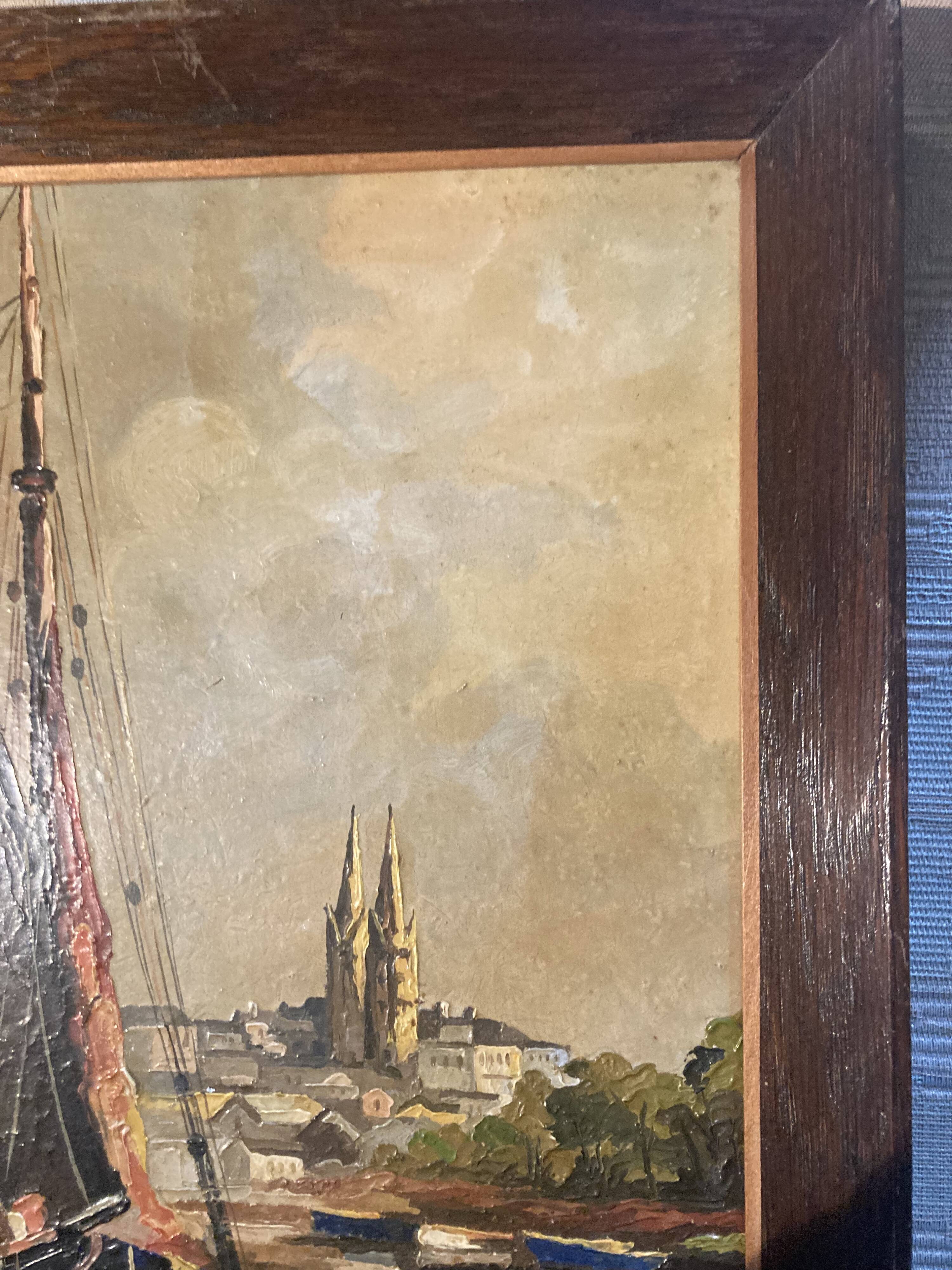framed signed oil painting of Quimper on the Odet, regionalist, Brittany tableau