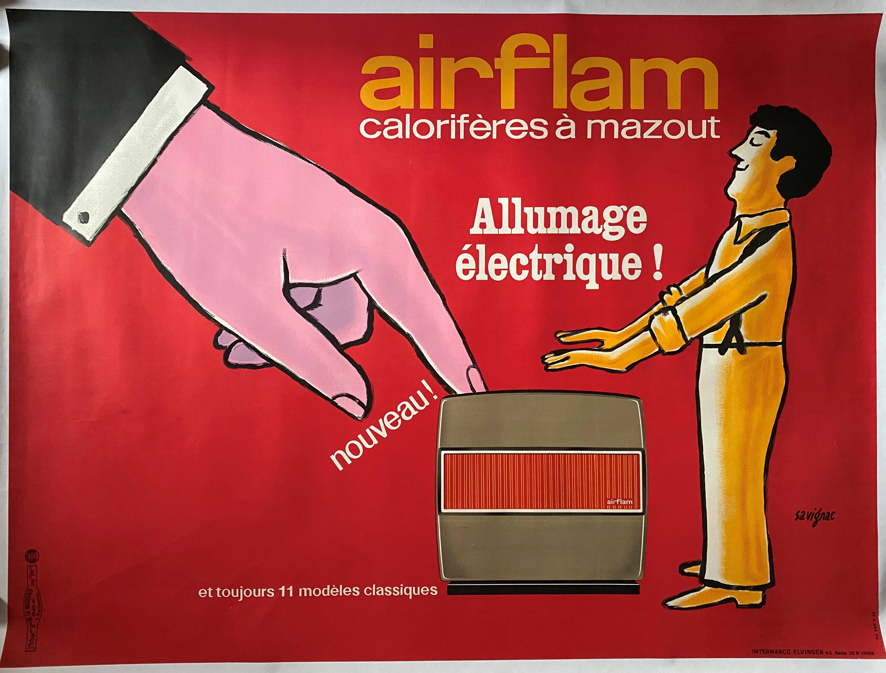 Original poster "Airflam electric ignition" Heating, Savignac 115x153cm 60's