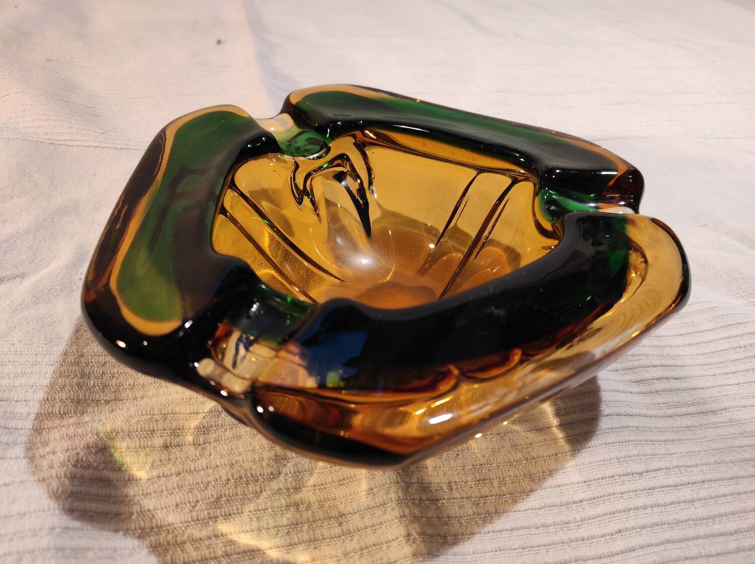 Murano green and yellow blown glass ashtray, 1970