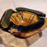 Murano green and yellow blown glass ashtray, 1970