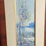 Large watercolor from the early 20th century, signed landscape of a wooded river bank