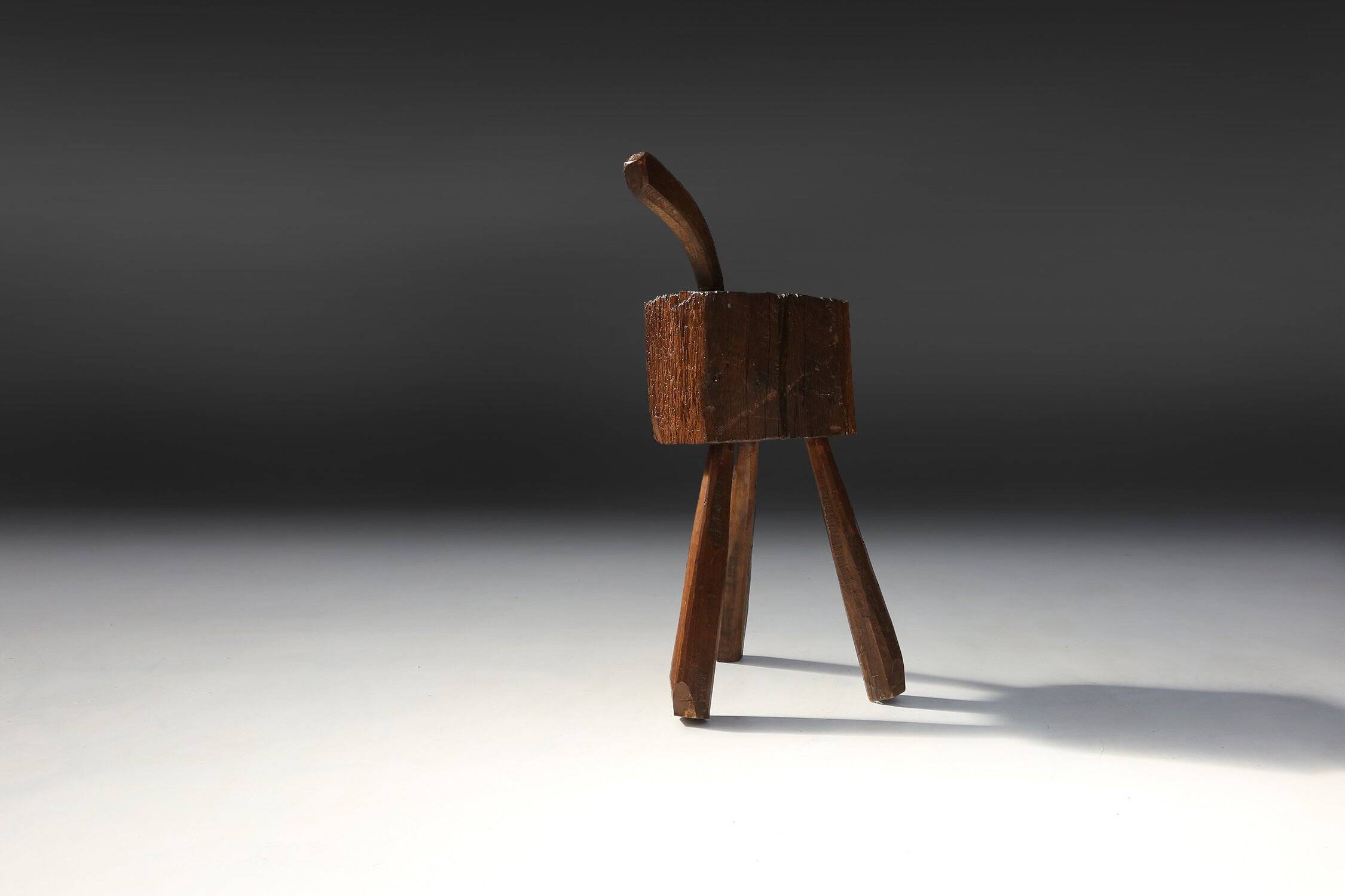 Tabouret en chêne fait main rustique, France, 19ème siècle