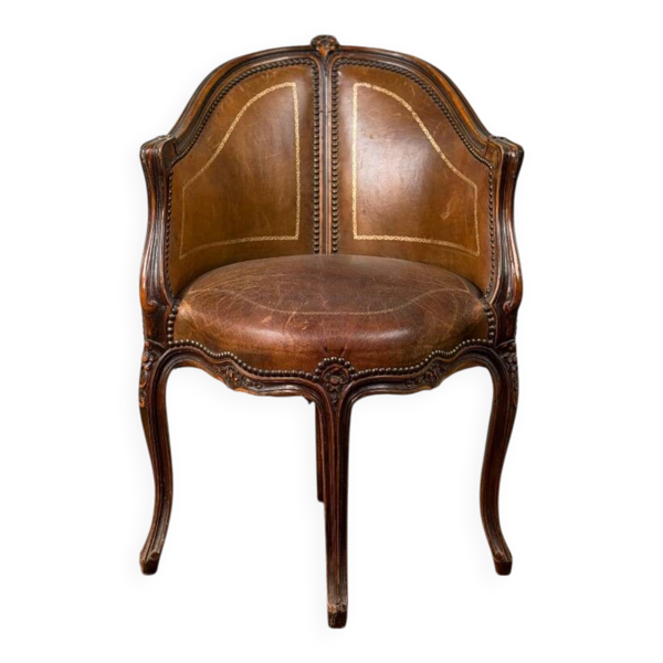 Fauteuil de bureau de style Louis XV en bois sculpté, cuir brun, vers 1920