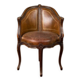 Fauteuil de bureau de style Louis XV en bois sculpté, cuir brun, vers 1920