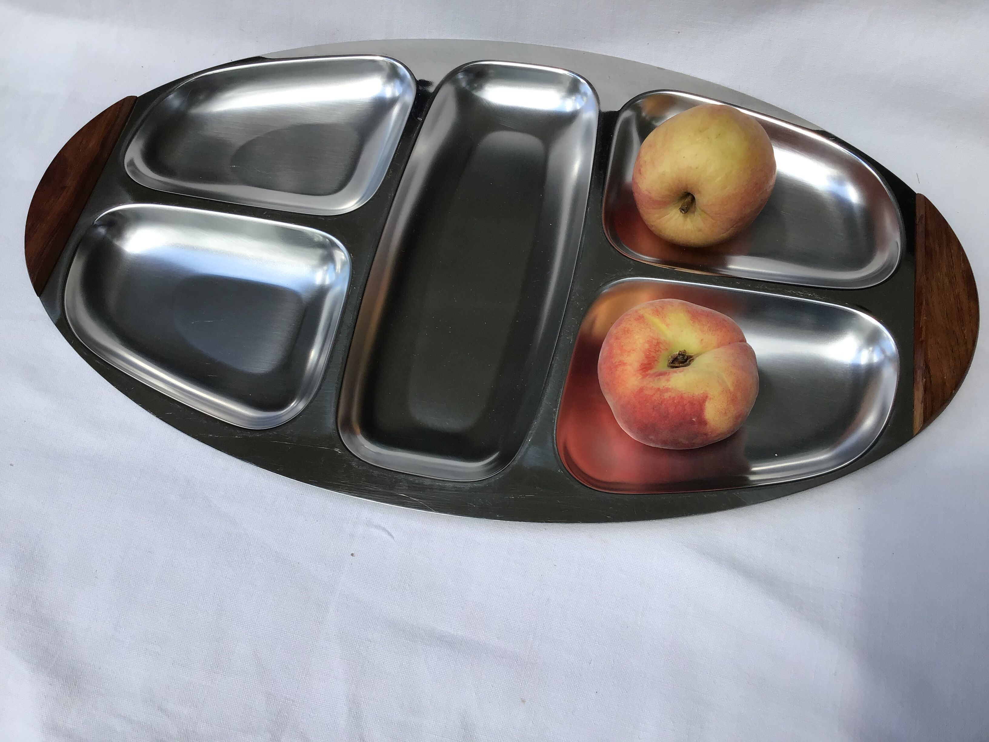 Stainless steel and teak compartmented tray