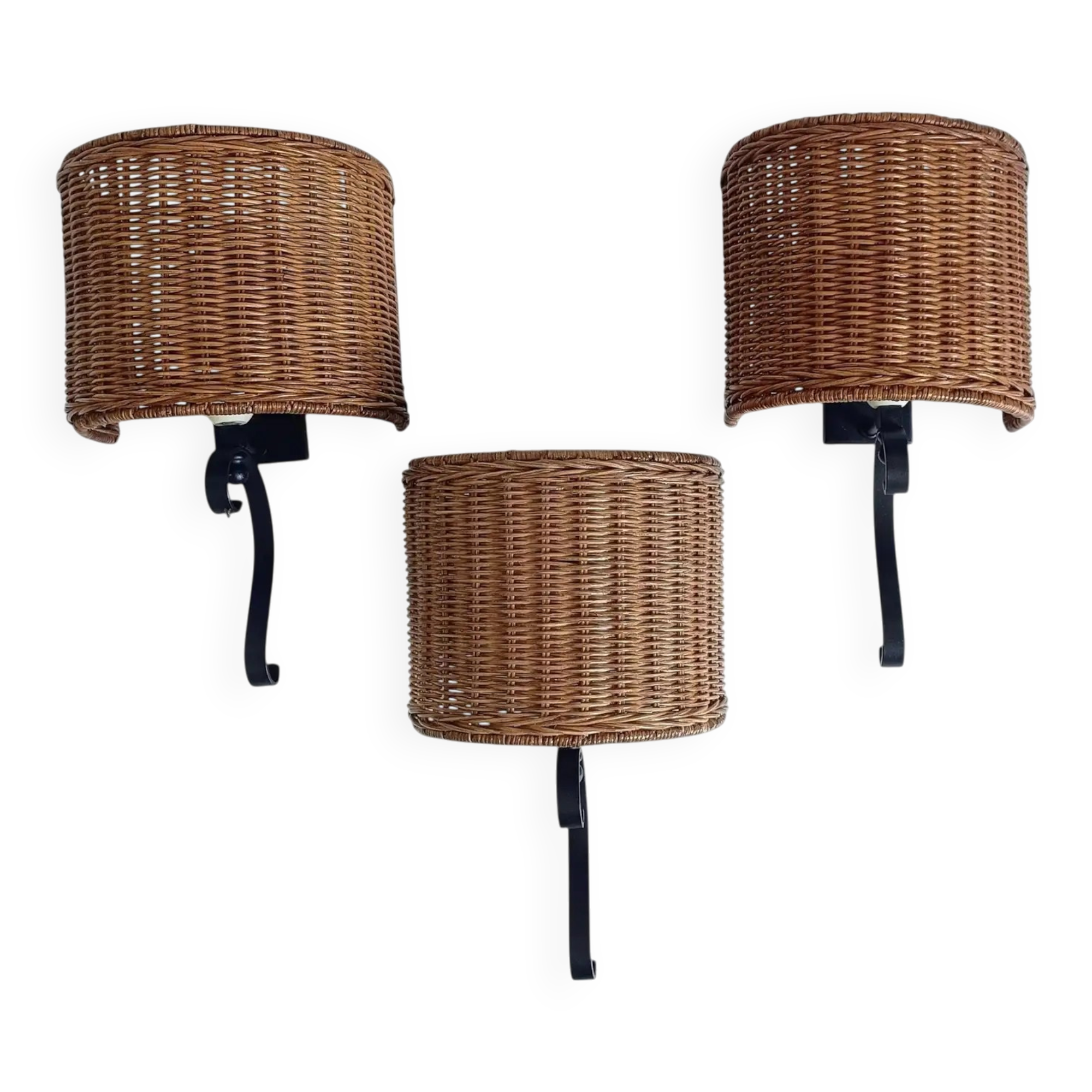 Spanish Mid-Century Wicker And Wrought Iron Wall Sconces, Three Available