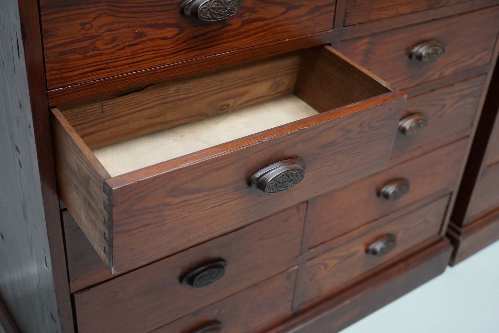 Large Antique Belgian Pitch Pine Apothecary Shop Cabinet / Vitrine, ca 1900