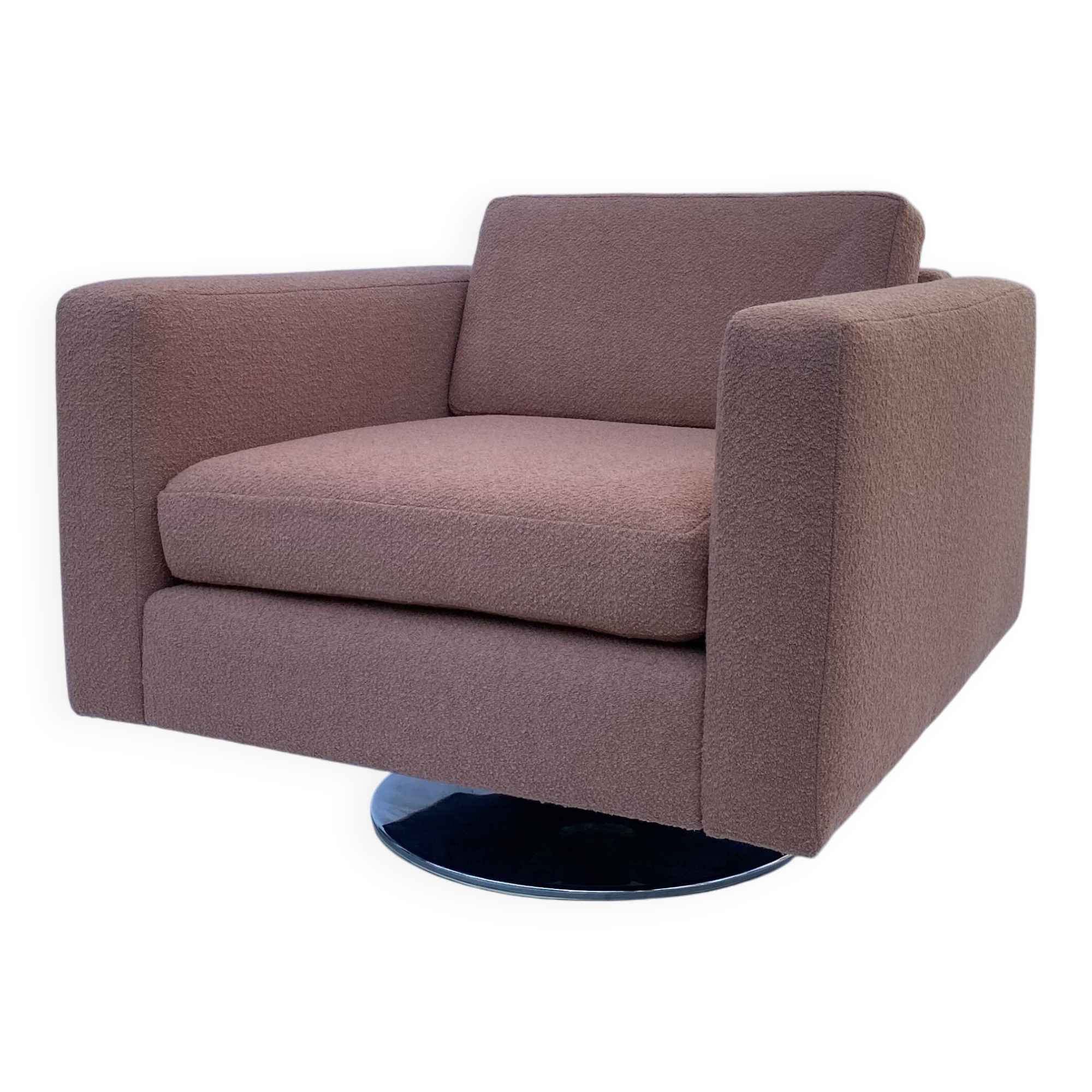 1970s Swivel Cube Armchair Chrome Peach Boucle Vintage Midcentury