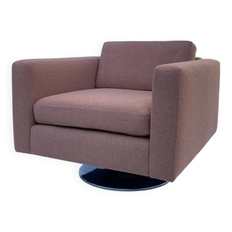 1970s Swivel Cube Armchair Chrome Peach Boucle Vintage Midcentury