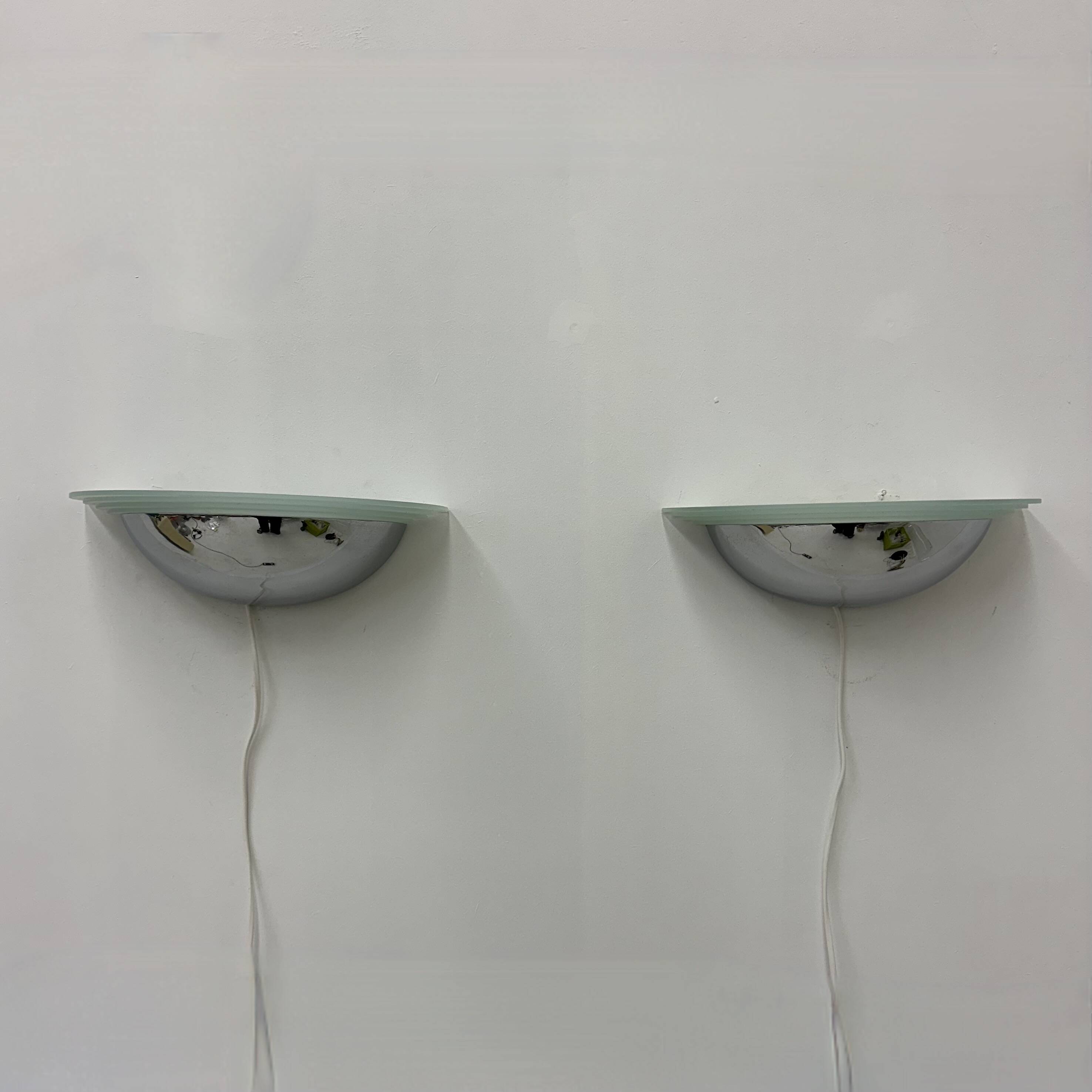Pair of post modern wall lamps chrome and glass , 1980s