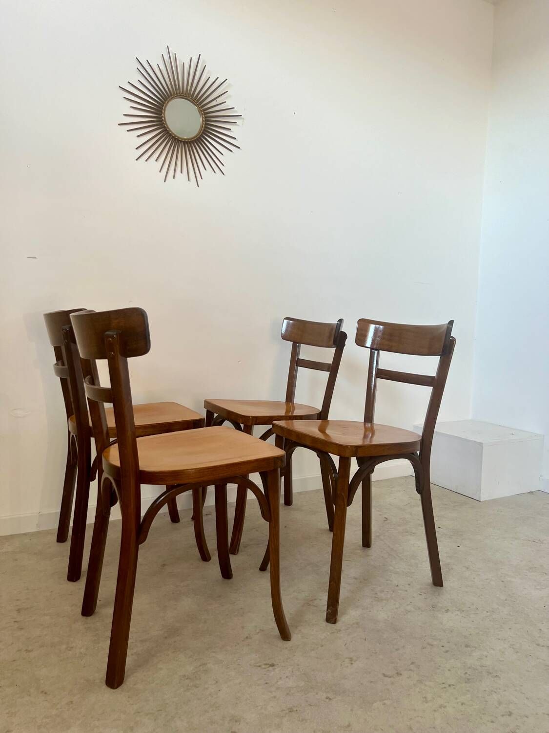 Set of 4 old vintage Baumann 50s wooden bistro chairs