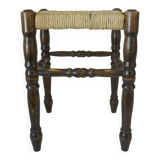 Vintage rustic stool, wooden ottoman footstool, wicker bench from the 1960