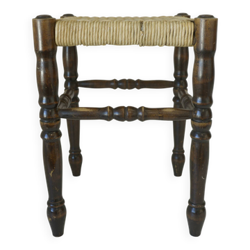 Vintage rustic stool, wooden ottoman footstool, wicker bench from the 1960