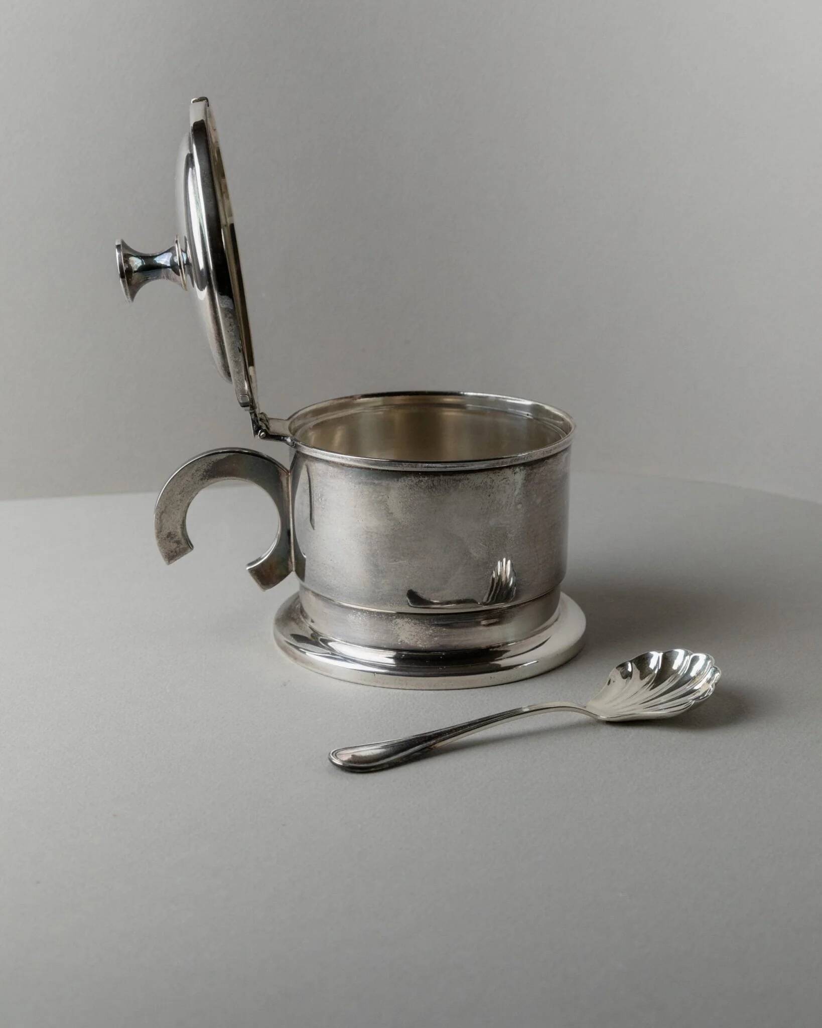 Argent Metal Silver-Plated Art Deco Lidded Box with Spoon, Italian 1930s Table Decor