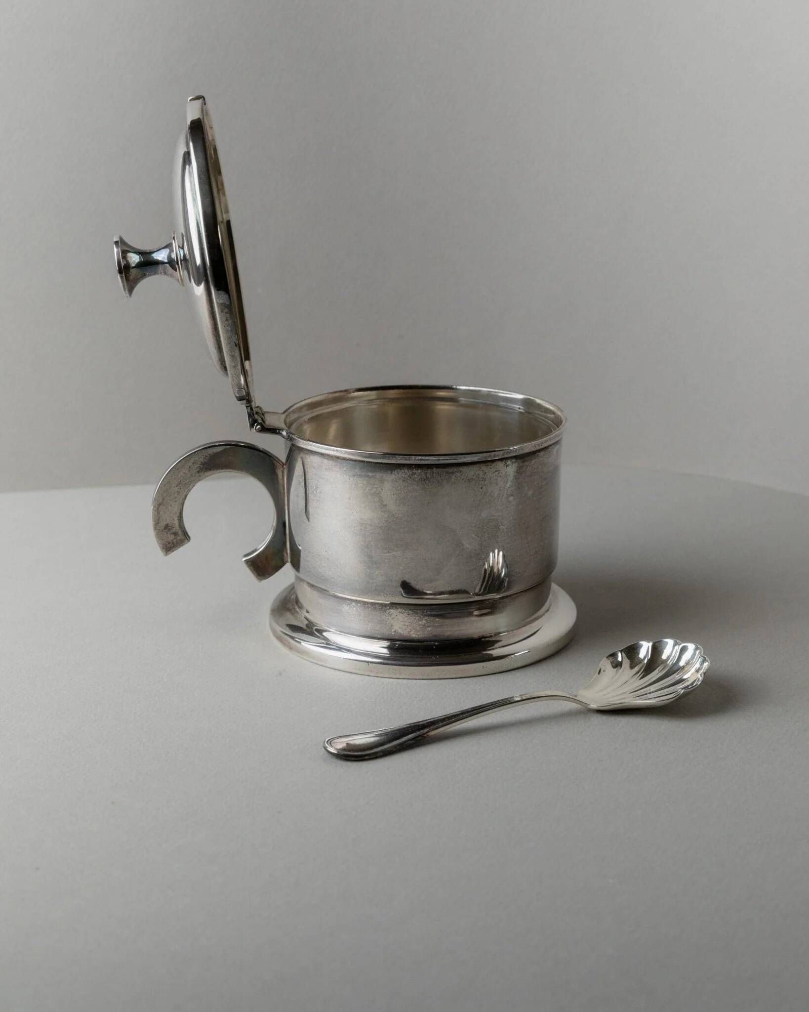 Argent Metal Silver-Plated Art Deco Lidded Box with Spoon, Italian 1930s Table Decor