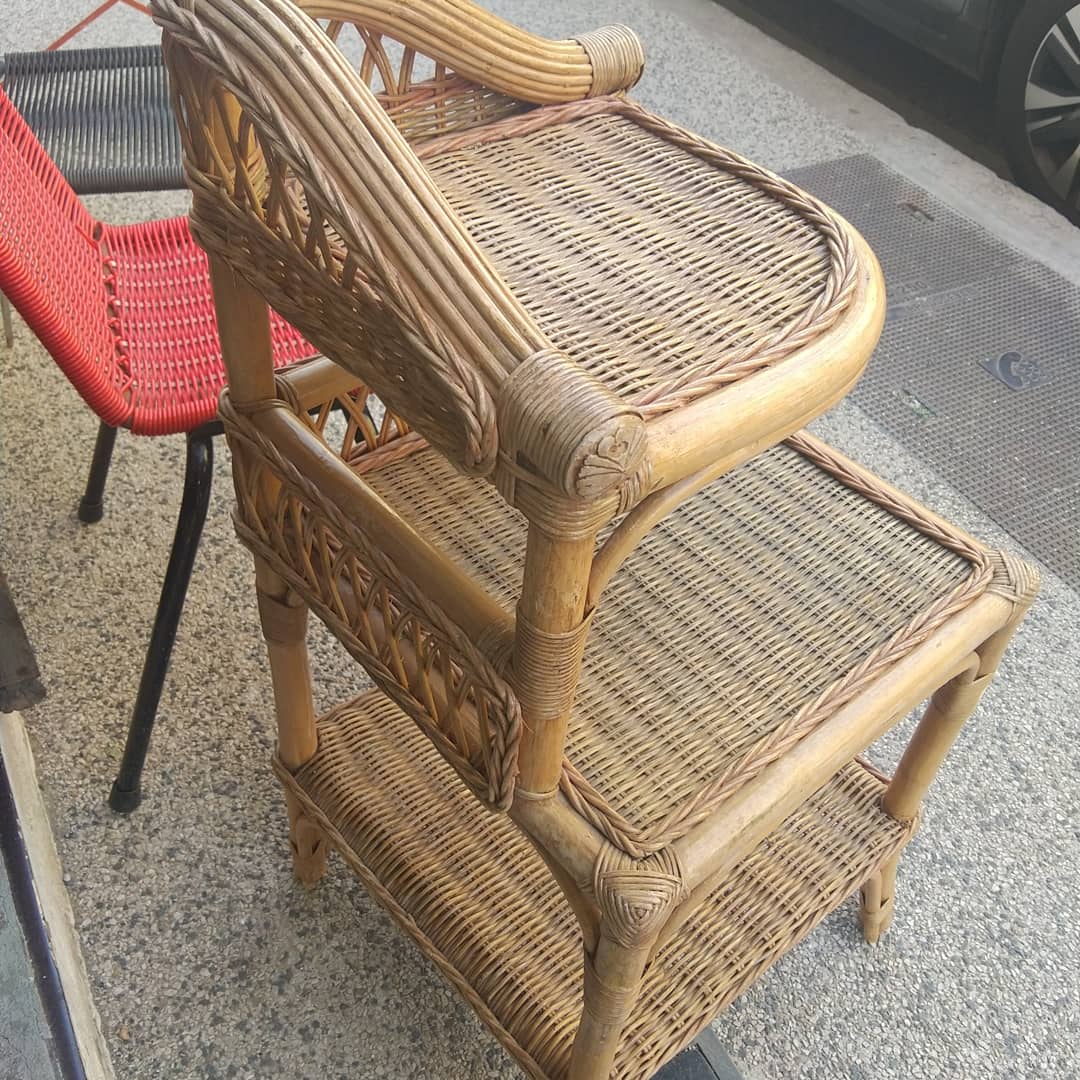 Corner shelf in bamboo and rattan, circa 1975