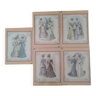 A set of 5 period illustrations fashion women evening dresses dinner issue period review