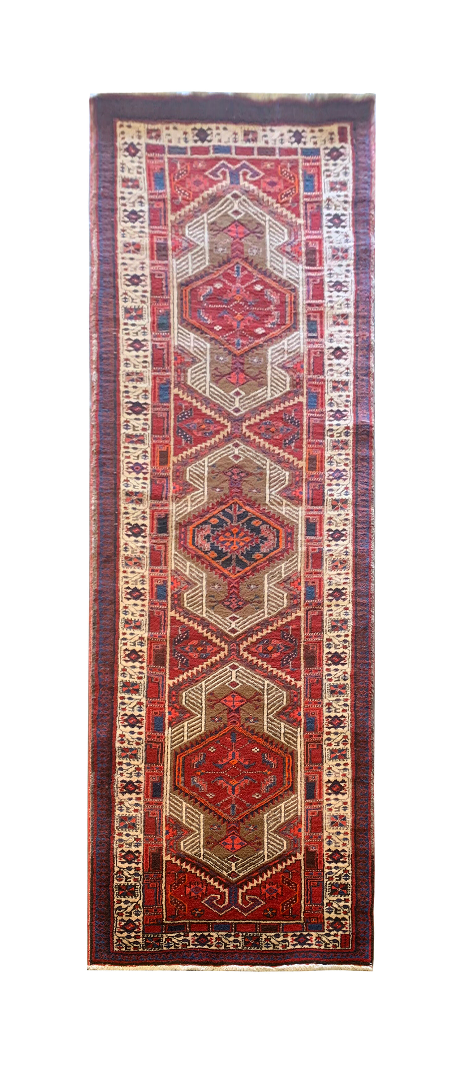 Red vintage persian hamedan rug 1930 handwoven tribal runner 99x337cm