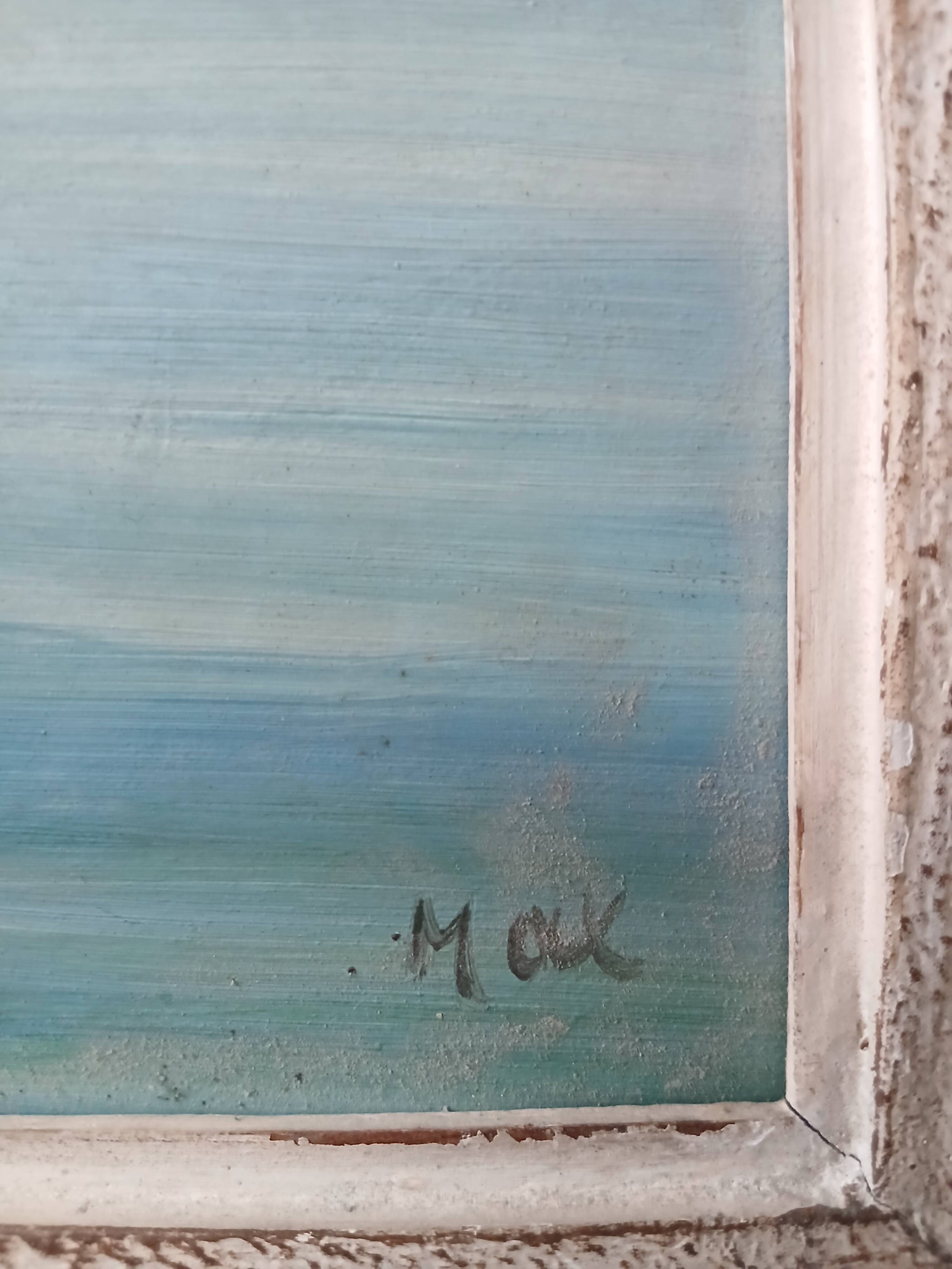 Vintage painting of a coastal landscape with a solitary fisherman.