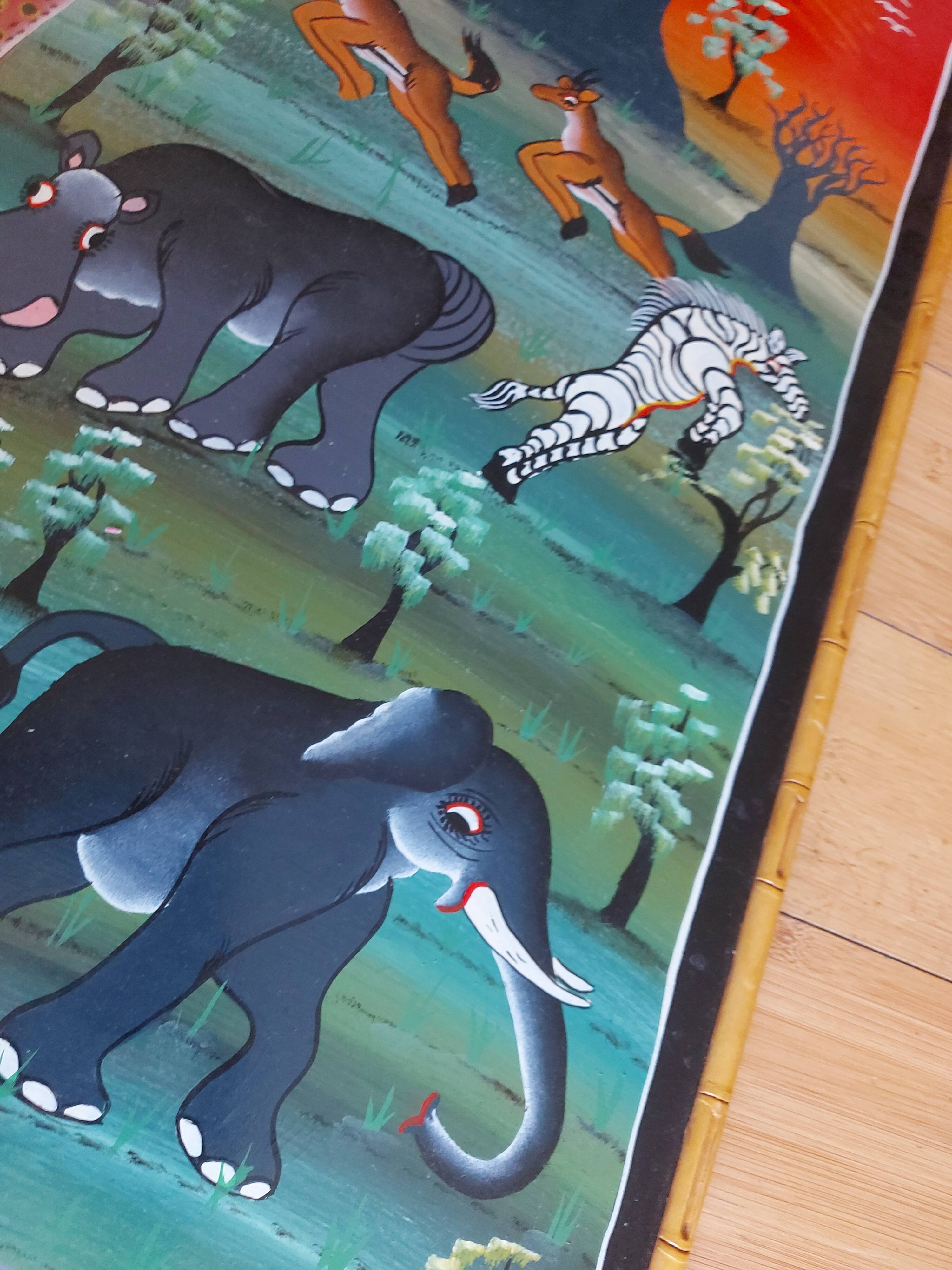 Grande huile sur toile art africain TingaTinga , Zanzibar , Tanzanie , Cheti