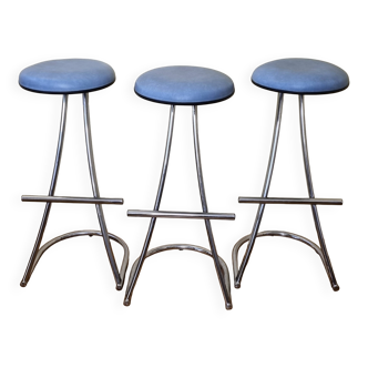 Ensemble de 3 tabourets de bar vintage en acier chromé, design Mirima France, années 70, 84 cm