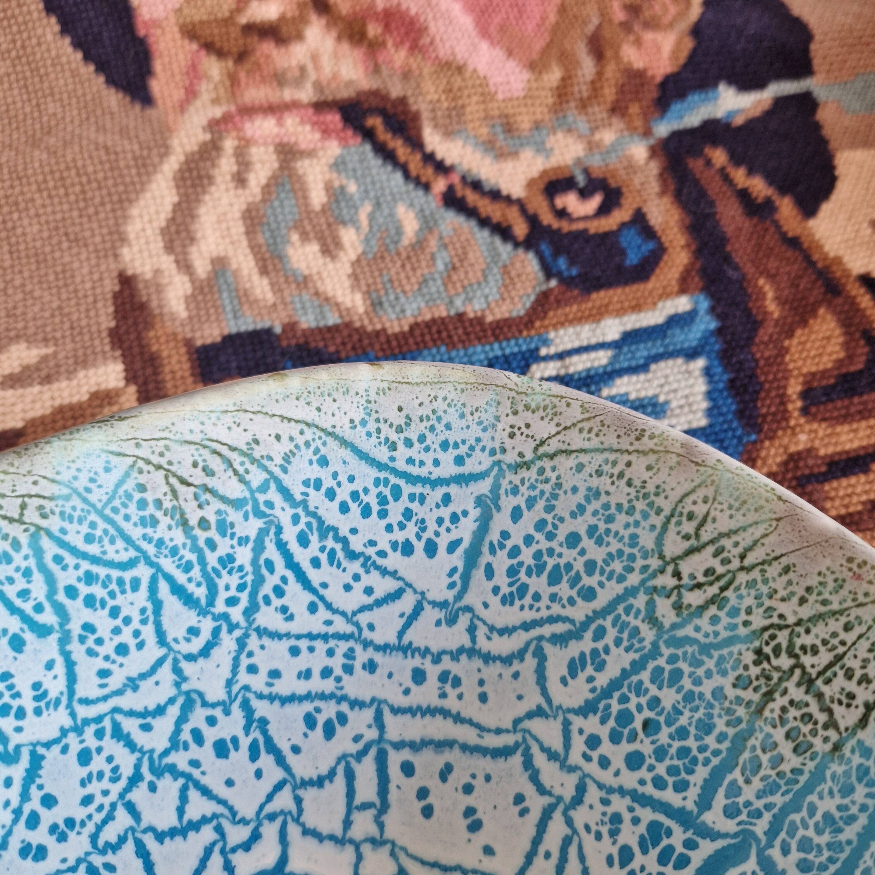 Square dish salad bowl bowl keraluc quimper ceramic turquoise blue cracked effect stamped with u
