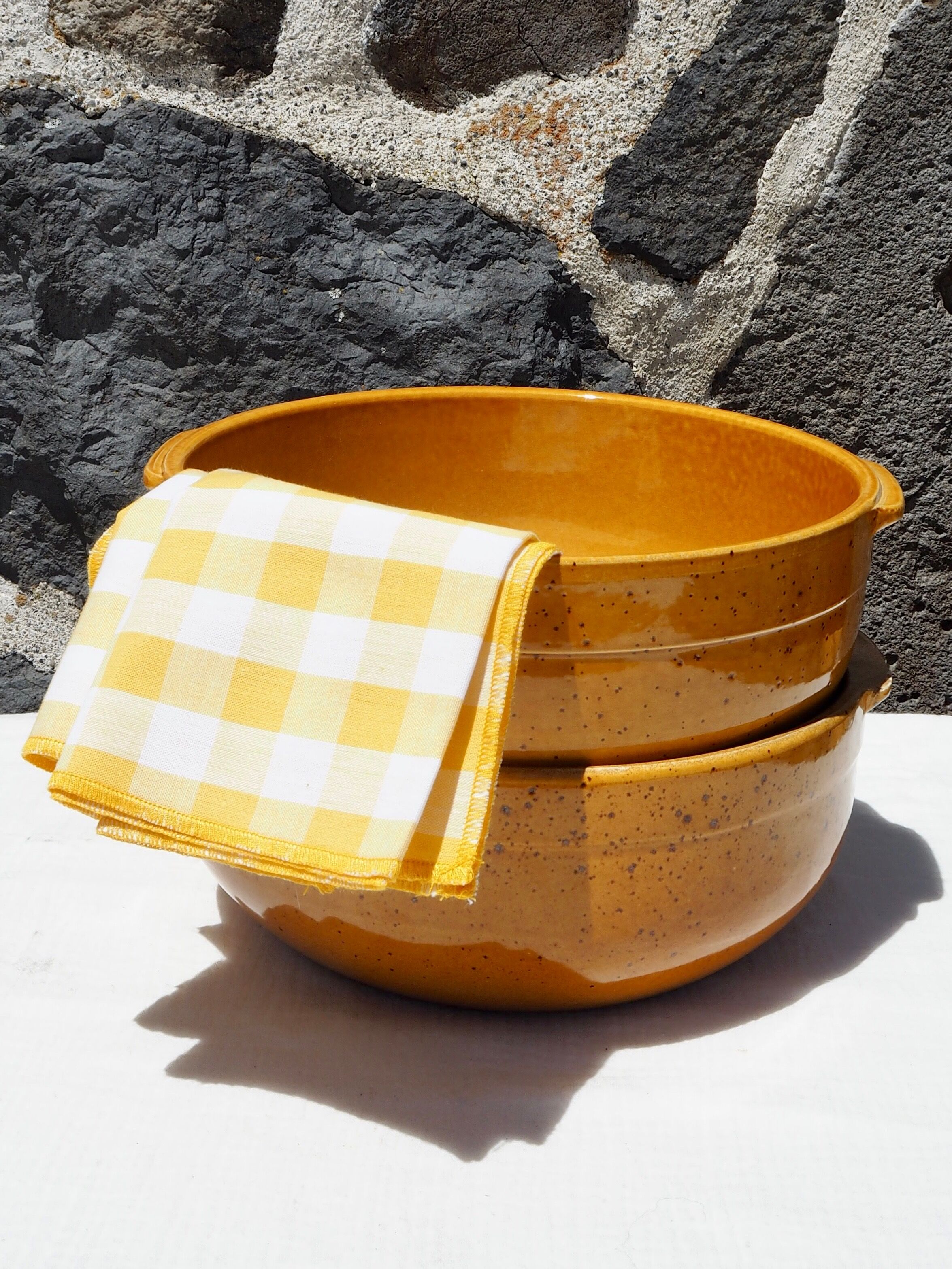 Pair of glazed ceramic salad bowls mustard LPM