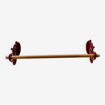 Single bar towel holder in cast iron and wine-colored wood Art Deco style 30s-40s