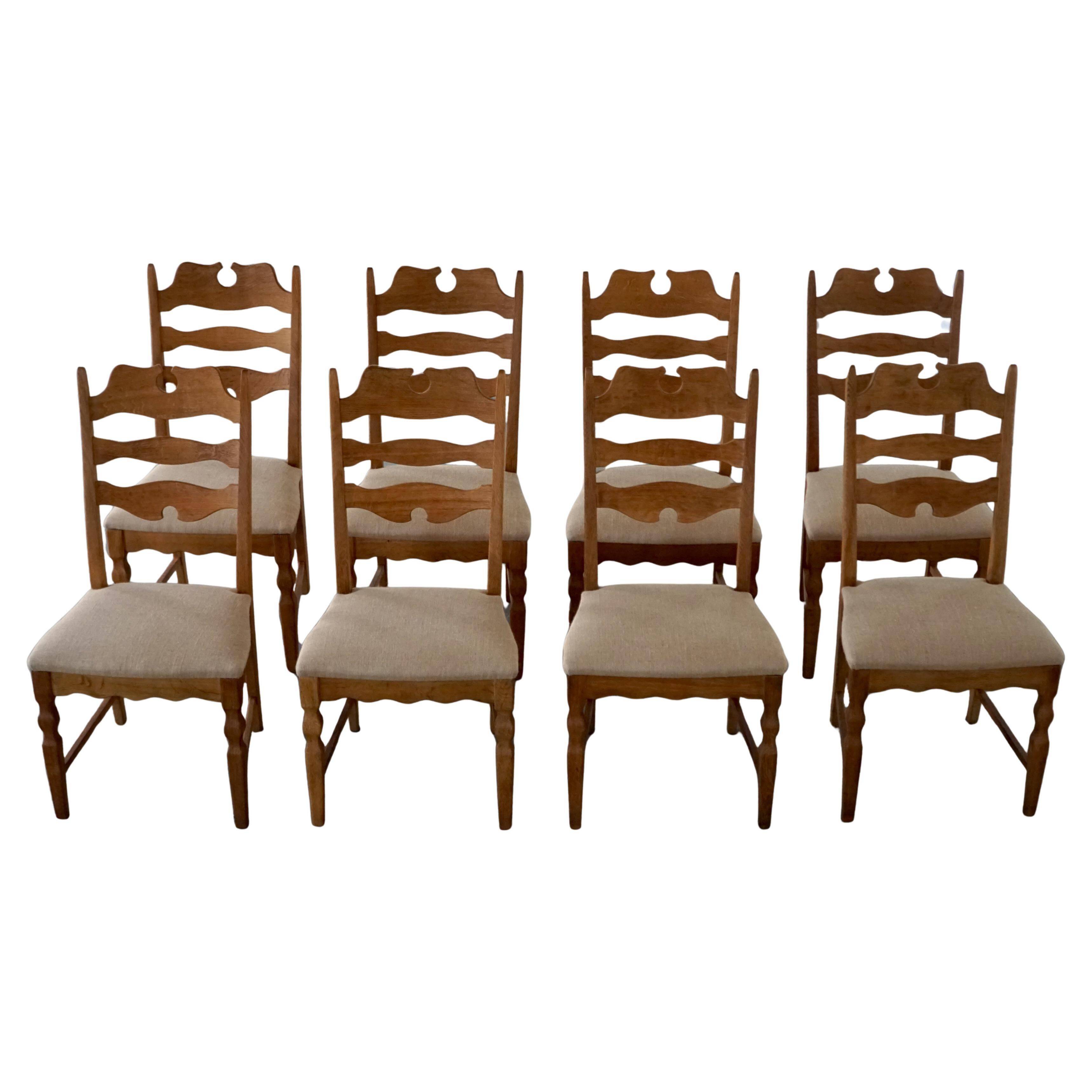 Set of 8 oak chairs with jute fabric, Henning Kjærnulf, mid-century Danish, 1960s.