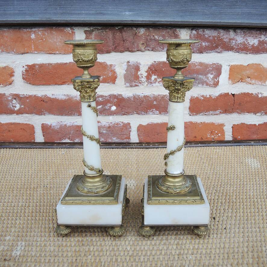 2 antique column candle holders in white marble and brass
