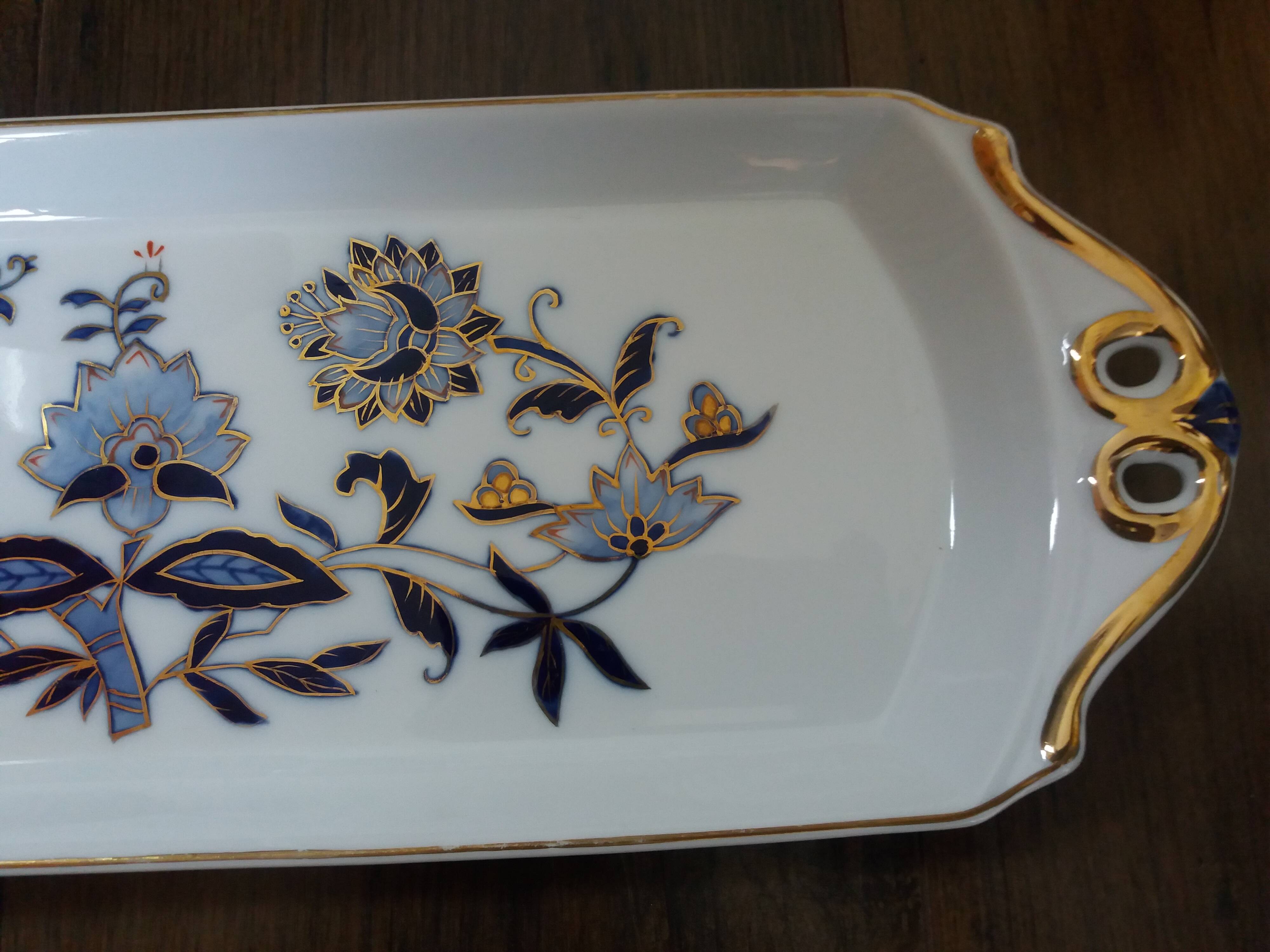 Victoria rectangular tray, hand-painted blue and gold porcelain decoration