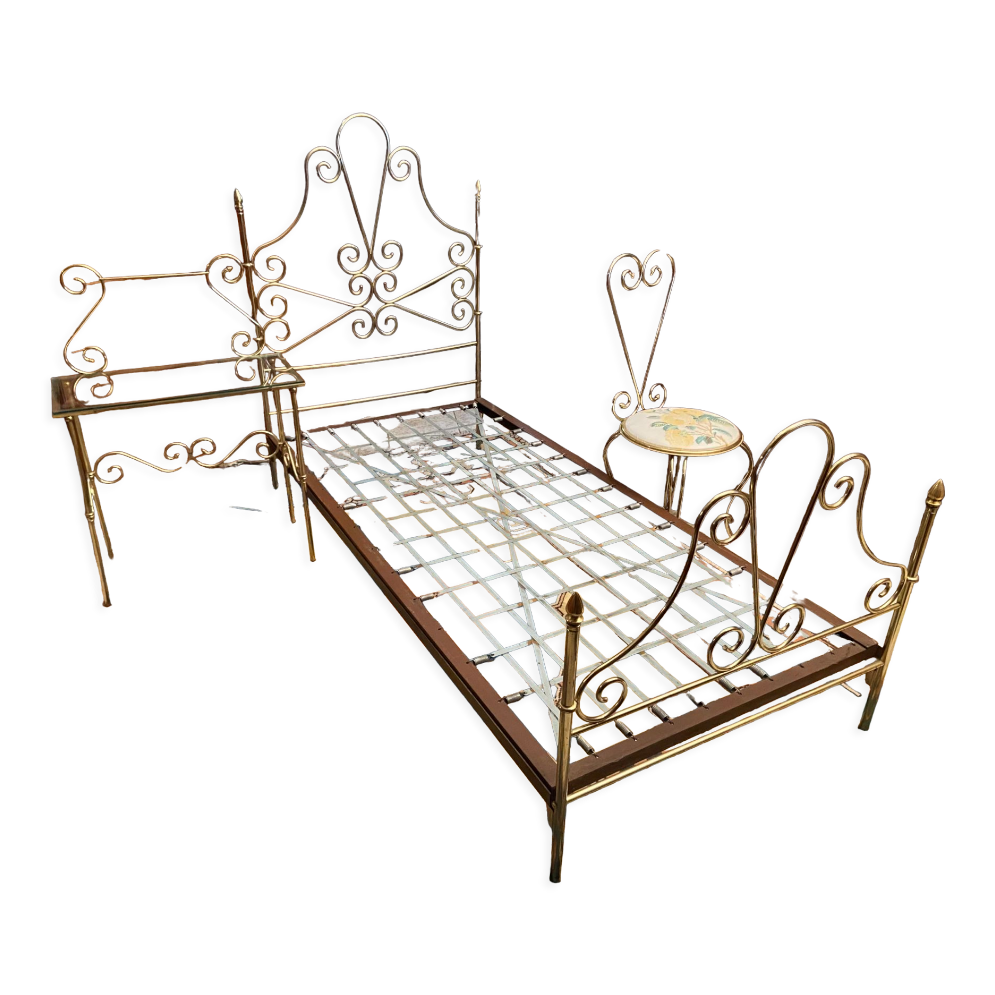 One person romantic bed with bedside table brass bedroom chair