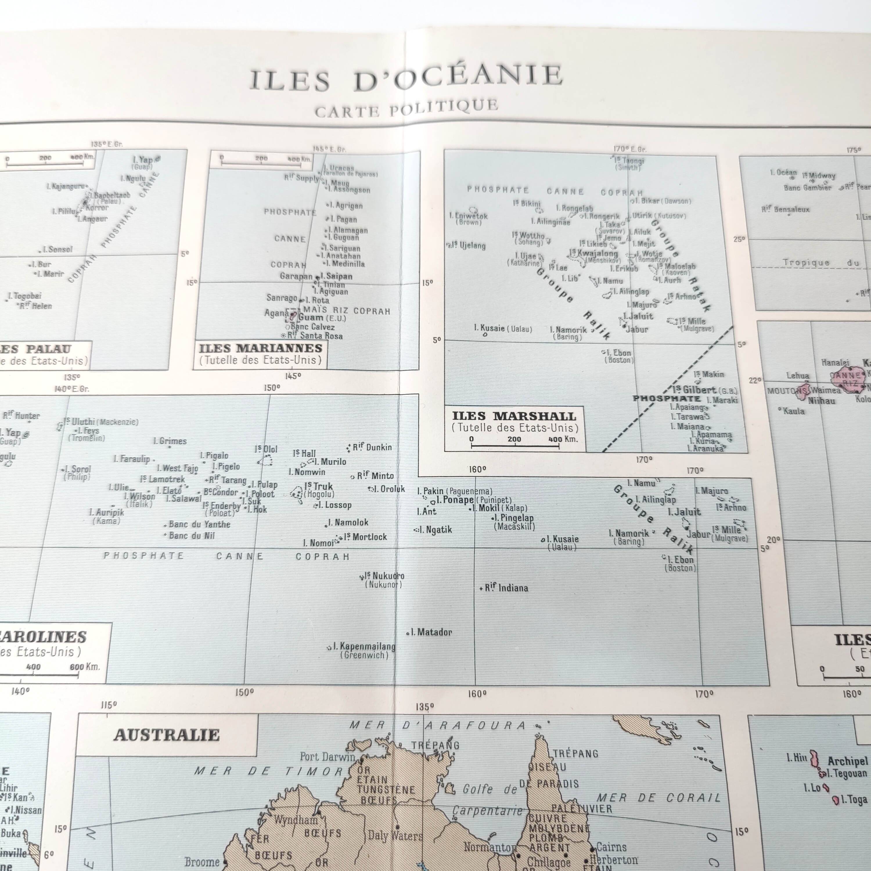 Vintage map on the islands of Oceania Australia Hawaii 43x43cm from 1950