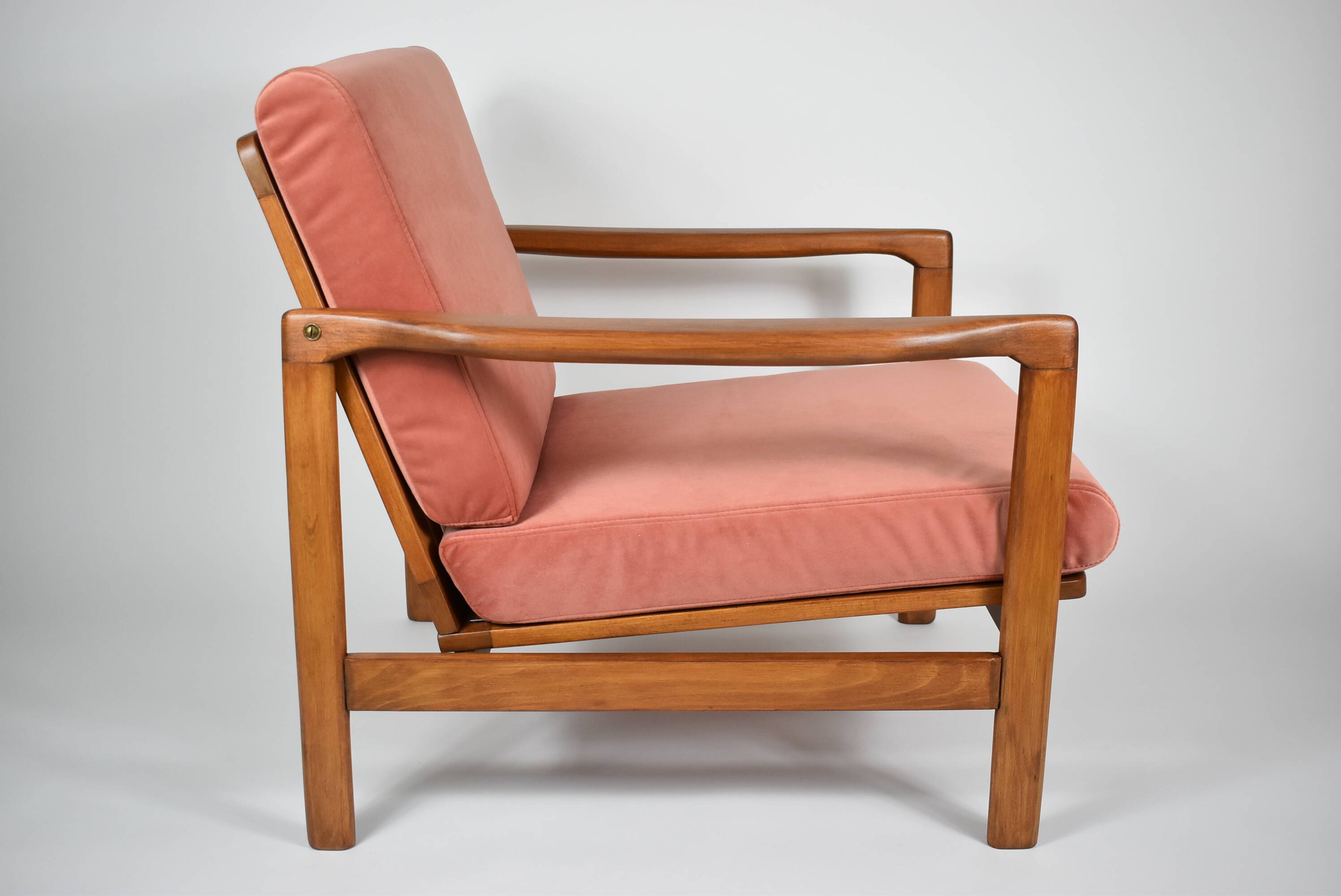 Scandinavian original armchair Baczyk, 1960s, renovation, pink, velvet, teak
