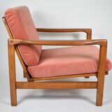 Scandinavian original armchair Baczyk, 1960s, renovation, pink, velvet, teak