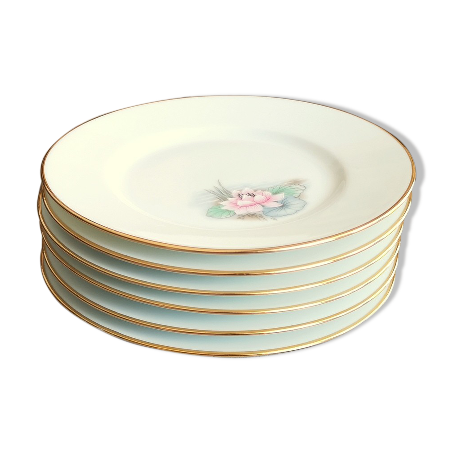 6 small plates signed Limoges France with nenuphar decor and golden border