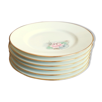 6 small plates signed Limoges France with nenuphar decor and golden border