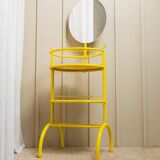Yellow metal side table with swiveling oval mirror and two tray shelves, vintage 1960s Italy