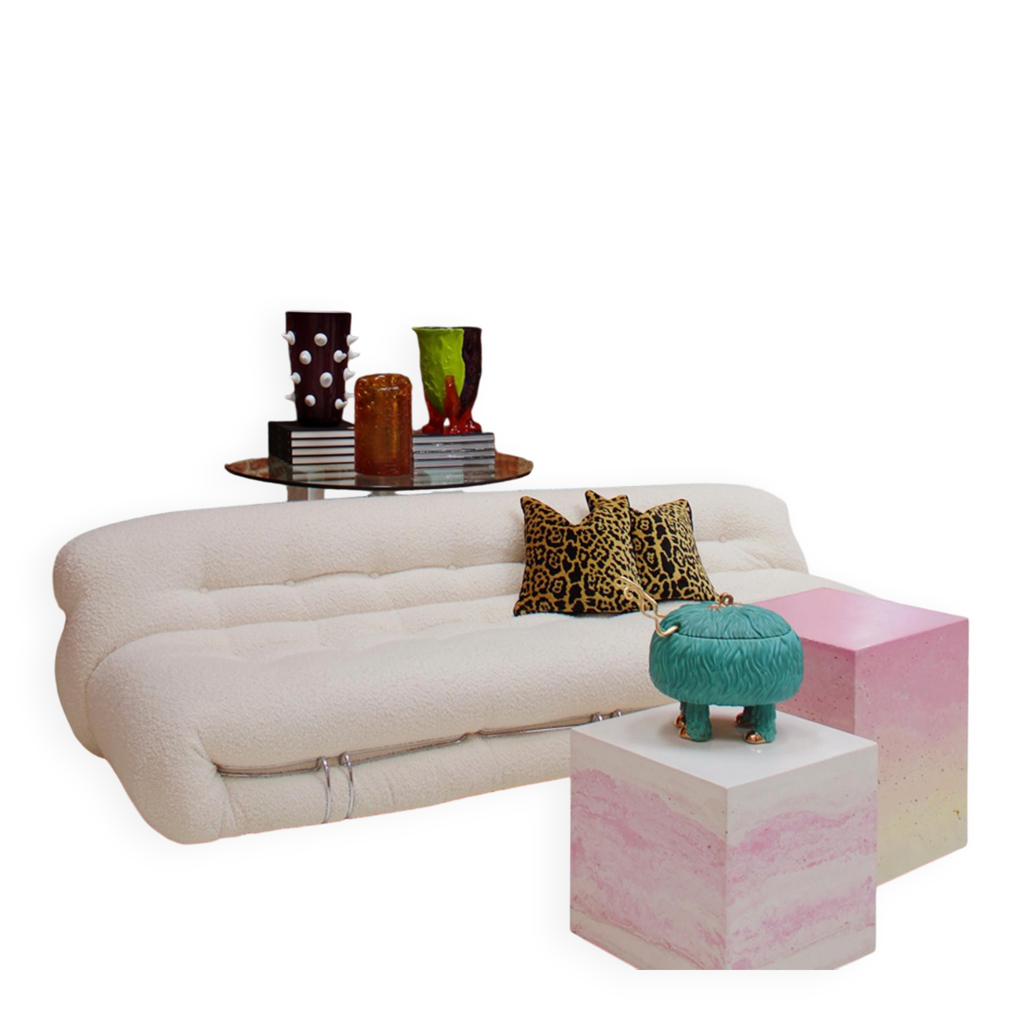 Midcentury White Wool Soriana Sofa and 2 Armchairs By Tobia Scarpa for Cassina